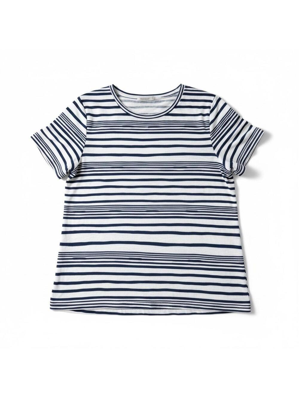 Alfred Dunner Top Womens L Striped Short Sleeve Beaded Crew Neck Navy White